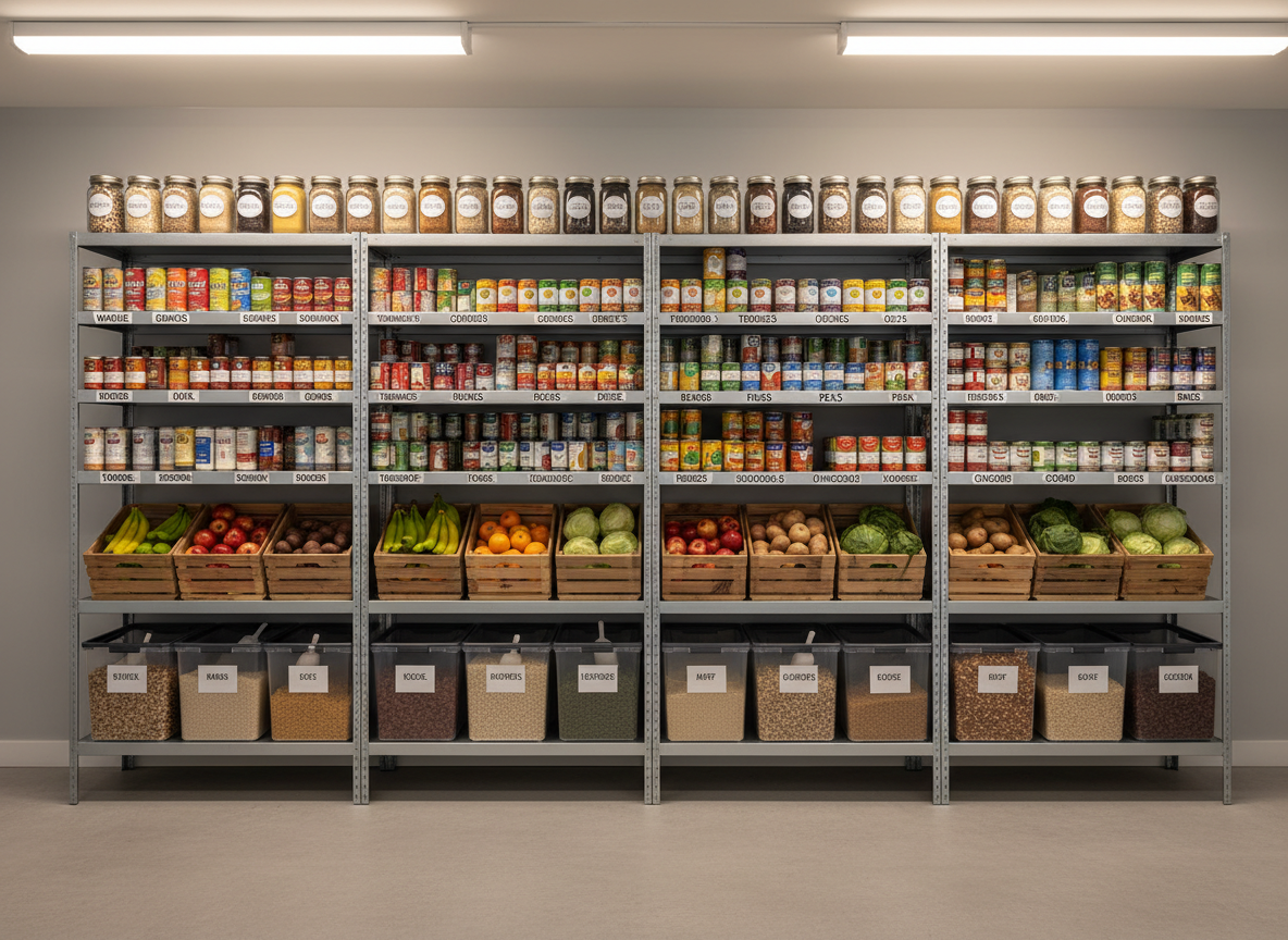 A neatly organized set of sturdy metal pantry shelves filled with clearly labeled canned goods, whole grains, and fresh produce in reusable crates, all arranged by category and color. The shelves stand in a clean, well-lit community storage room with light gray walls and a smooth concrete floor. Soft, diffused overhead fluorescent lighting evenly illuminates every label and texture, casting minimal shadows for maximum clarity. Captured at eye level with a wide-angle lens, the composition emphasizes order, accessibility, and abundance without excess. The photographic realism, calm atmosphere, and professional, uncluttered aesthetic make this image ideal as a universal visual for a food pantry directory homepage.